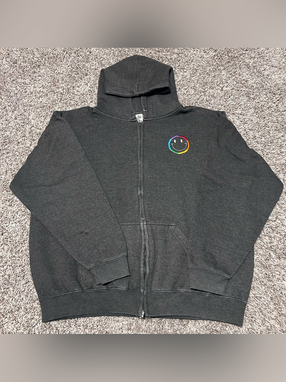 PACIFIC & CO RAINBOW SMILEY FACE Charcoal Gray Full Zip Hoodie LARGE PERFECT